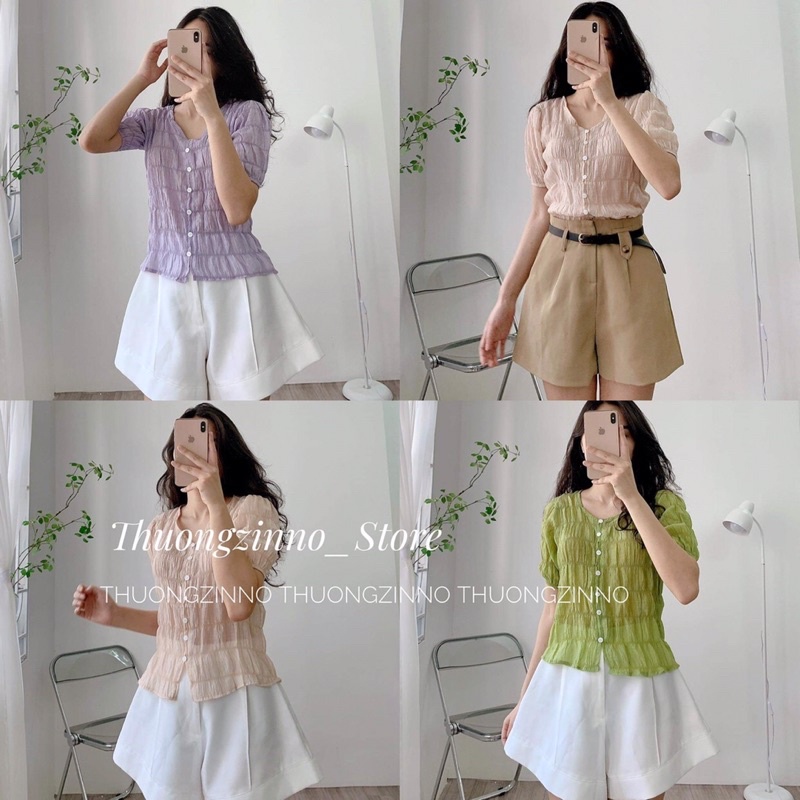 [Ảnh thật/Video]Áo sơ mi China Nhún Lụa thiết kế cúc ngực tiểu thư nhẹ nhàng