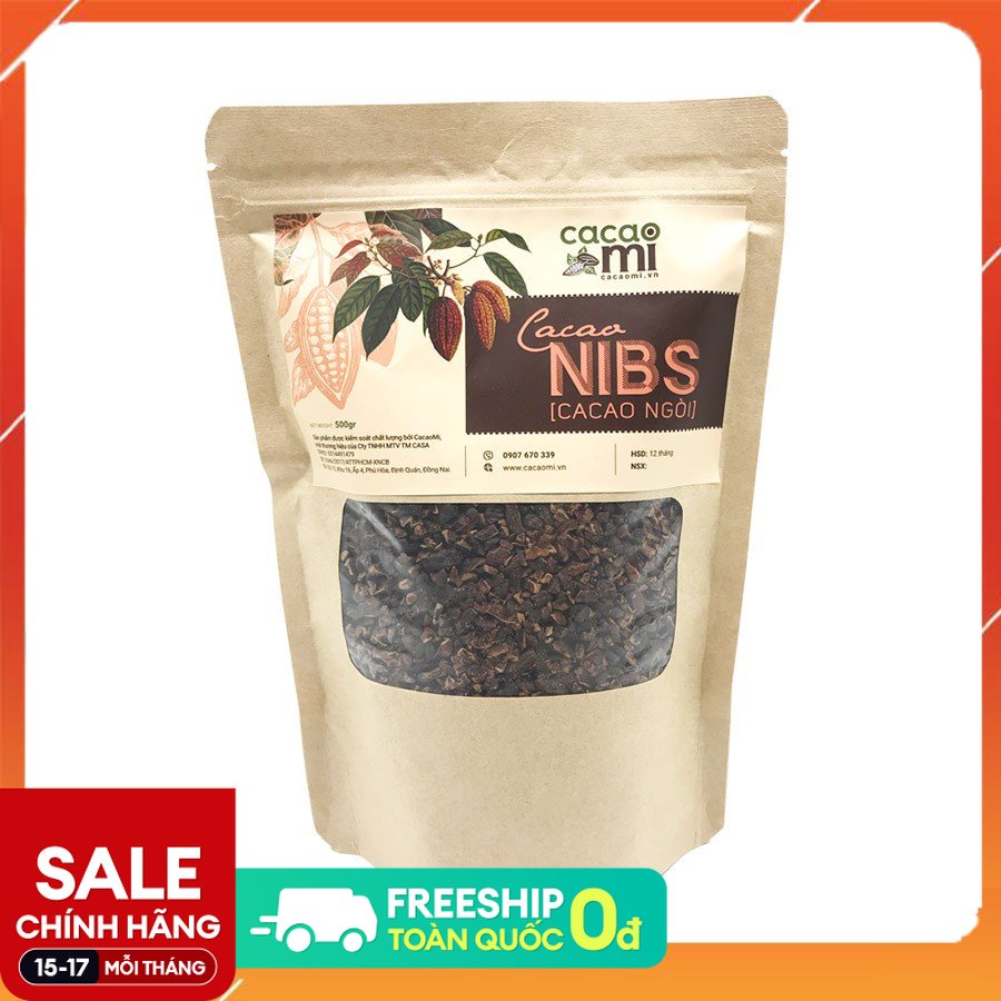 Cacao nibs CACAOMI hạt cacao 100% nguyên chất rang mộc tự nhiên dùng kèm granola, ngũ cốc, salad 500g