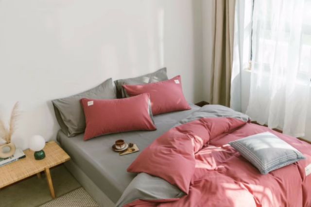 Bộ Chăn Ga Gối Cotton Tici Đũi Cao Cấp Hồng Đậm