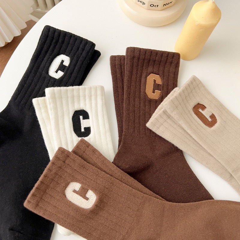 Tất cổ cao nữ thêu chữ nhiều màu dễ thương 495 vải cotton co giãn thời trang