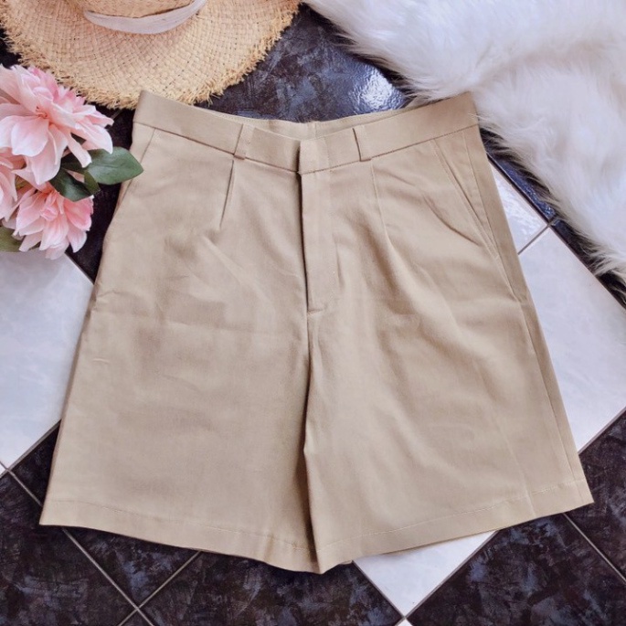 Quần short Unisex ống rộng cạp cao màu kem pyenstore