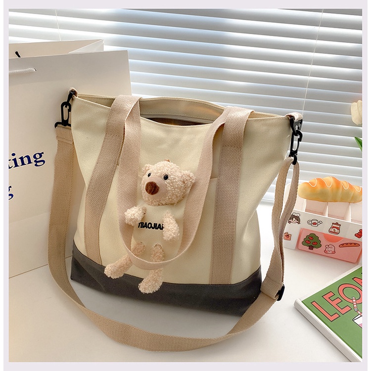 Túi tote vải canvas hình gấu dễ thương, chắc chắn, size lớn đựng lap 15inch, đi học, đi làm