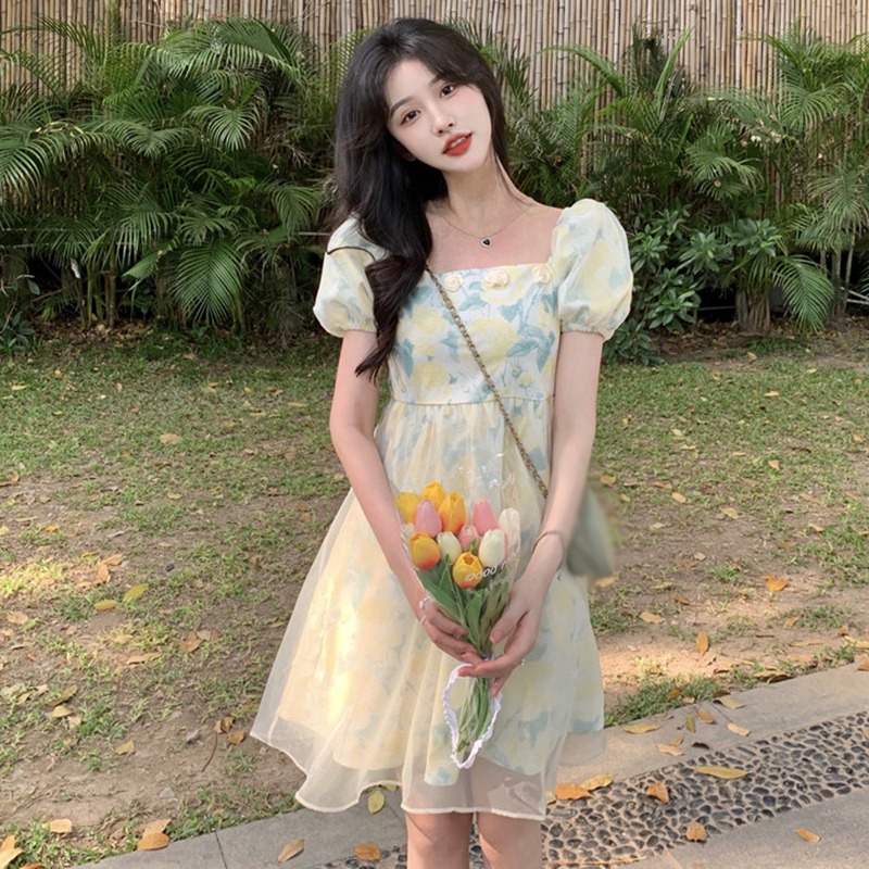 Đầm Tay Ngắn Cổ Vuông Phối Lưới In Họa Tiết Dễ Thương Thời Trang Mùa Hè Cho Nữ