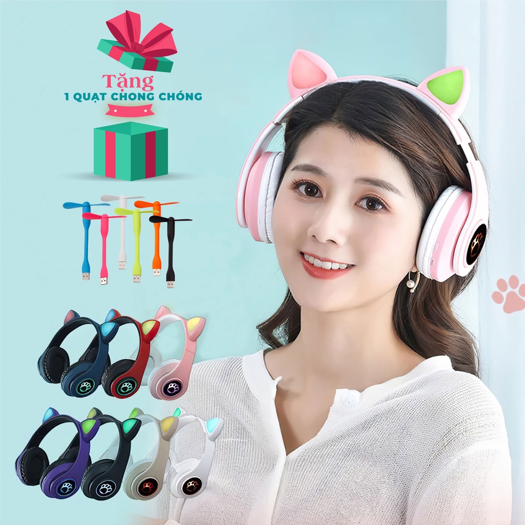 Tai Nghe Mèo Bluetooth Chụp Tai Không Dây, Có Đèn Led Đổi Màu, Âm Thanh Sắc