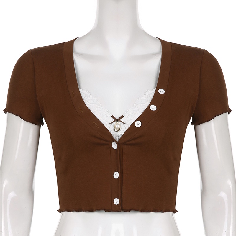 DUNEA Áo Thun Ngắn Tay Cổ Chữ V Phối Ren Thời Trang Cho Nữ 3.3