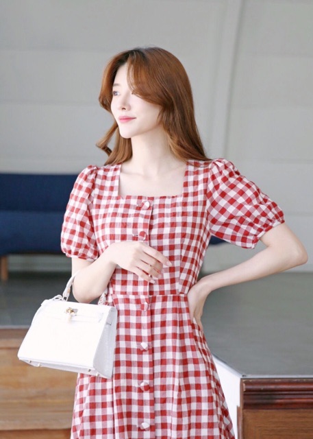 Đầm váy caro đỏ nút bọc xuongvnxk