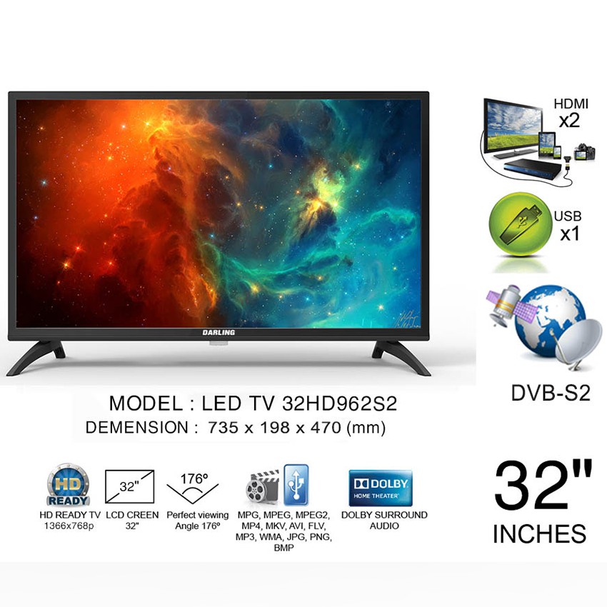 Tivi Led Darling 32 inch HD 32HD962S2 HDMI, VGA, AV, DVB-T2, Tivi Giá Rẻ - Hàng Chính Hãng