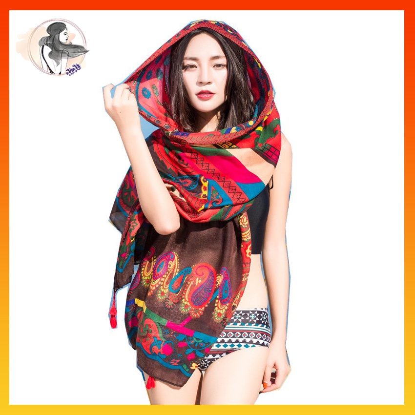 Khăn choàng boho đi biển họa tiết thổ cẩm dày đẹp nhiều họa tiết phù hợp che nắng chụp hình Claura Beauty
