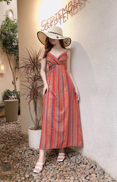 Đầm maxi 2 dây thổ cẩm đi biển bao xinh chất bao đẹp size M L Xl S | BigBuy360 - bigbuy360.vn