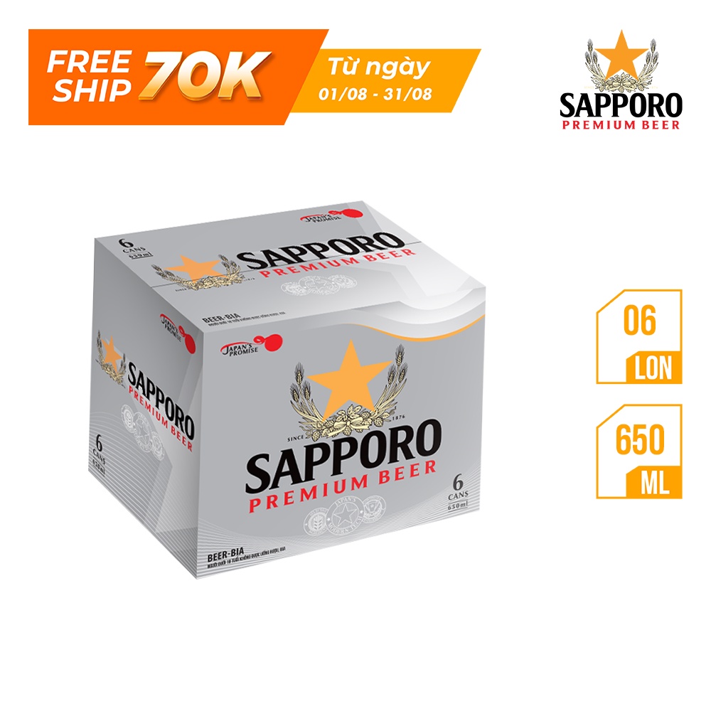 Thùng 6 lon bia Sapporo Premium (650ml/lon)