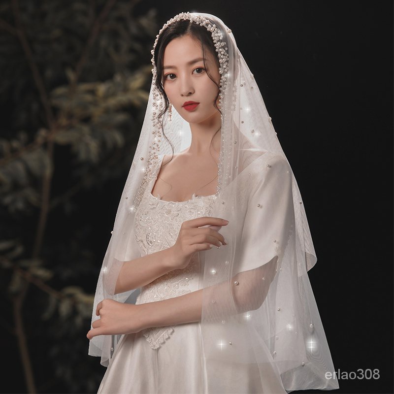 Mạng che mặt cô dâu dài đính ngọc trai nặng 2021