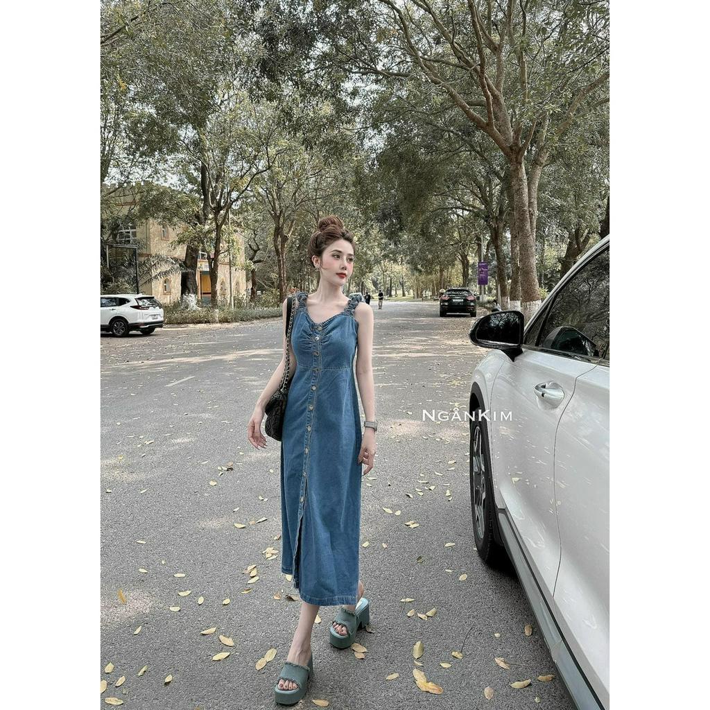 Váy hai dây denim dây chun tiểu thư, váy jean nữ dáng dài mát mẻ ảnh thật