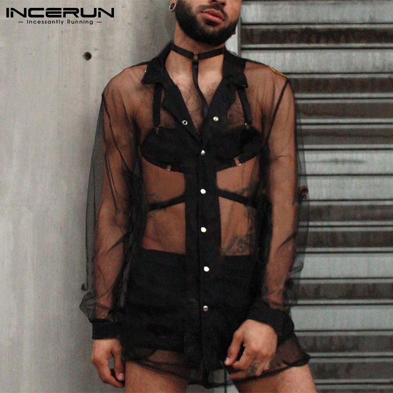 Áo sơ mi nam INCERUN chất liệu lưới xuyên thấu tay dài cổ bẻ thời trang