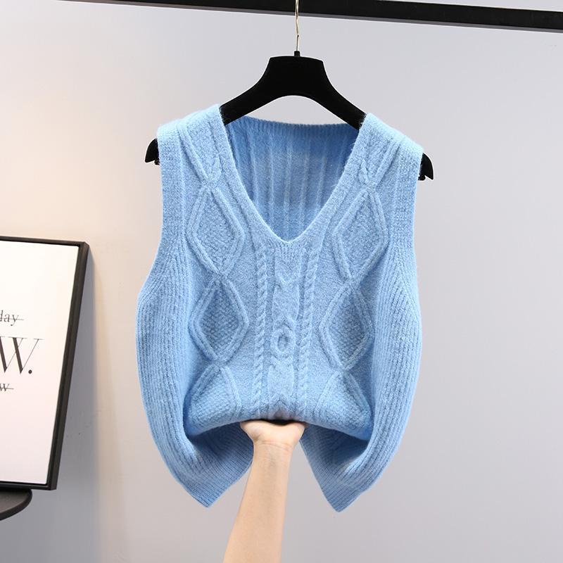Áo Sweater Dệt Kim Sát Nách Dáng Rộng Cổ Chữ v Màu Trơn Kiểu Hàn Quốc