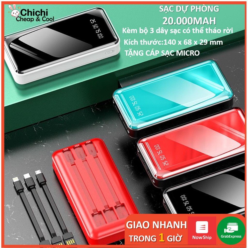 [MẪU MỚI] Sạc Dự Phòng 20000Mah kèm 3 dây tháo rời Hỗ trợ sạc nhanh,Có 2 đèn Led PDP08 ChiChi LỖI 1 ĐỔI 1