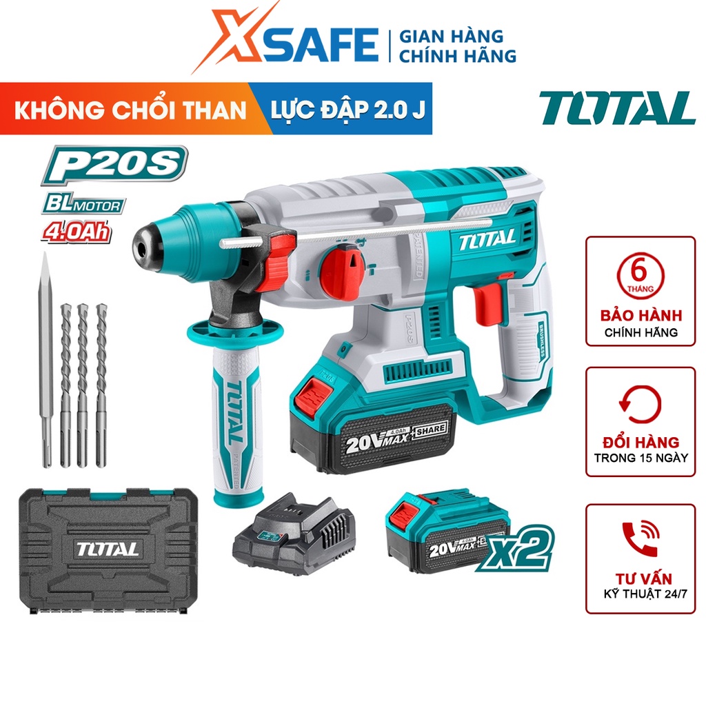 Máy khoan bê tông dùng pin 20V TOTAL TRHLI202287 không chổi than, tốc độ 1100v/p, lực đập 2J, khoan bê tông Φ26 [XSAFE]