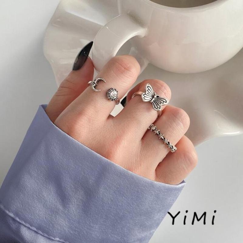 [mo] Bộ 3 Nhẫn Hình Ngôi Sao Mặt Trăng Sáng Tạo Phong Cách Retro