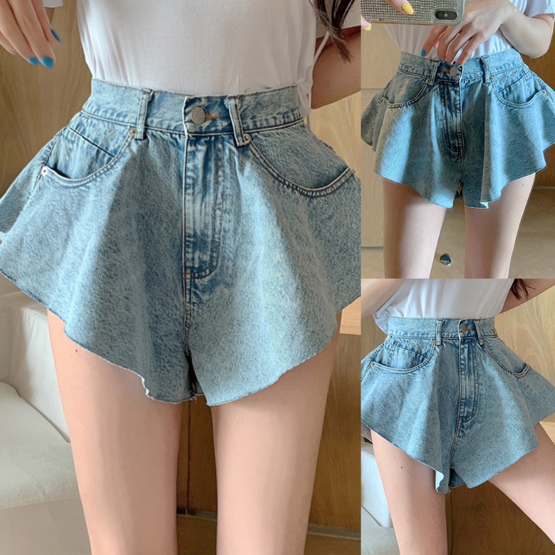 YOUYO Women Mid Waist Sexy Flared Jeans Shorts Zipper Button Pleated Swing Hem Denim Short Pants Vintage Washed Trousers Streetwear with Pockets