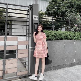 Váy kẻ caro cột eo mầu hồng cam