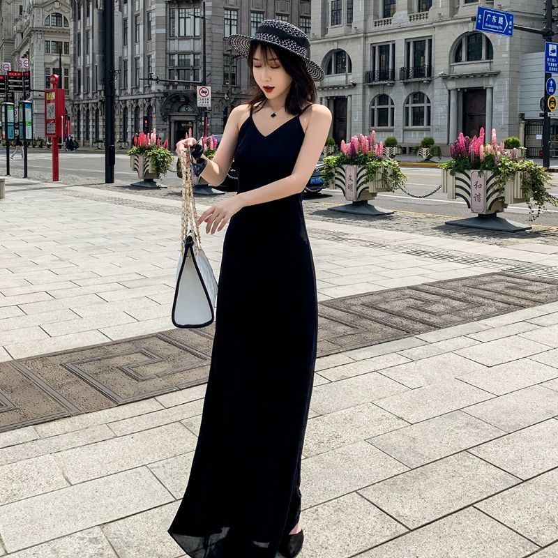 Đầm Voan Hai Dây Dáng Dài Ôm Dáng Màu Trắng/Đỏ/Đen/Tím Thời Trang Đi Biển Cho Nữ