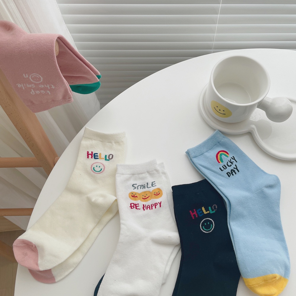 WAFNHA D640 Vớ Cotton In Họa Tiết Hoạt Hình Và Chữ Ngộ Nghĩnh Dành Cho Nữ