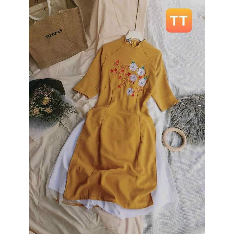 áo dài đũi thêu hoa(bách hợp)