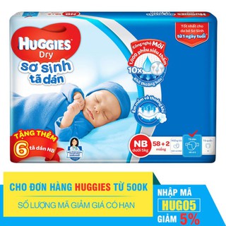 Tã Dán Sơ Sinh Huggies Dry Newborn NB58+2 (60 Miếng) - Tặng Kèm 6 Miếng.