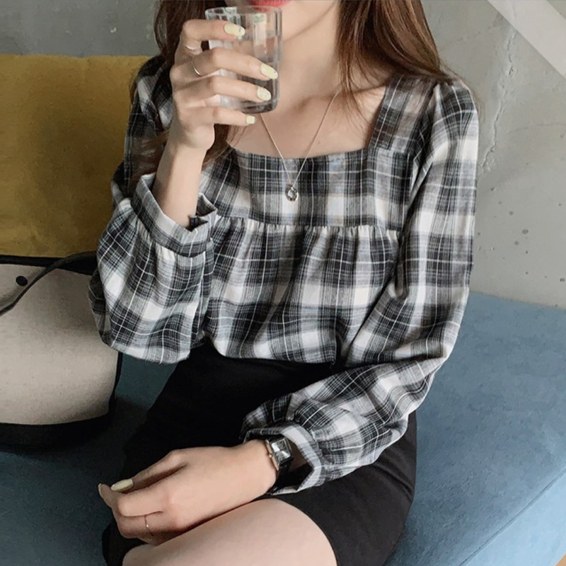 Áo Sơ Mi Tay Dài Cổ Vuông Dáng Rộng Kẻ Sọc Kiểu Retro Hàn Quốc Dễ Thương Cho Nữ
