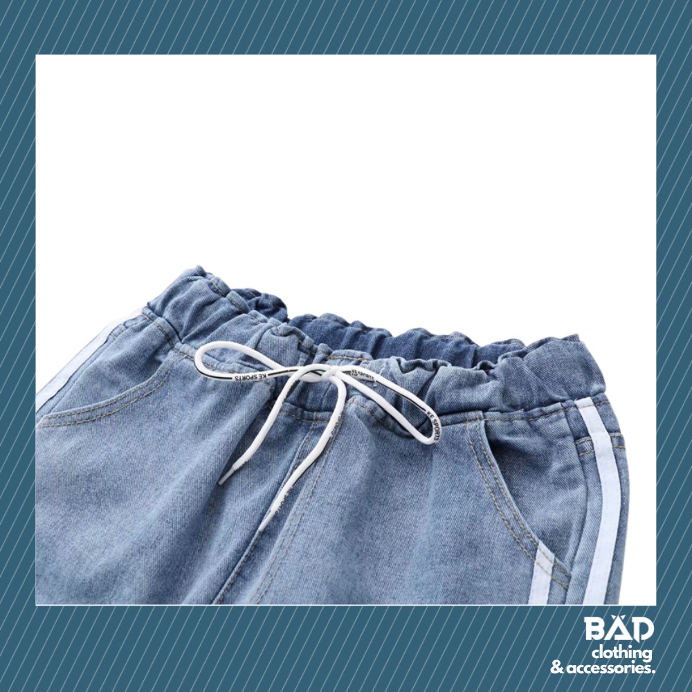 ( ẢNH THẬT ) Quần Baggy Jeans 2 Sọc Trắng - Cạp chun co giãn, chất jeans mềm đứng dáng