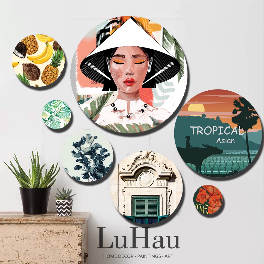Bộ tranh tròn decor Luhau  Tropical Asia tranh dán tường tạo hình không cần khoan tường