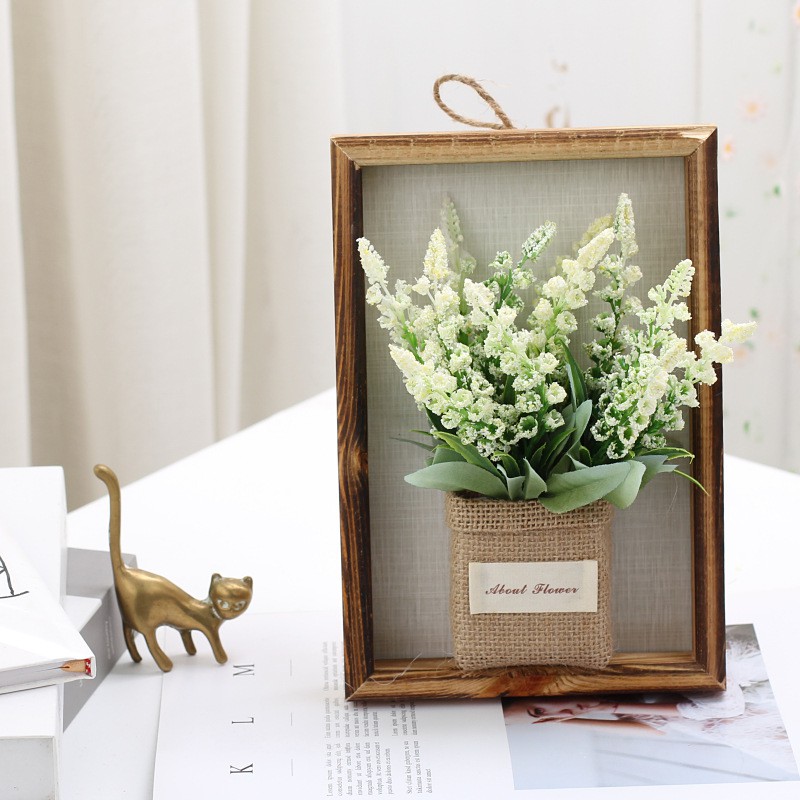Hoa giả trang trí kiểu khung ảnh treo tường, hoa oải hương KHALIK - chậu hoa bằng vải bố kèm khung ảnh bằng gỗ - HF016-1