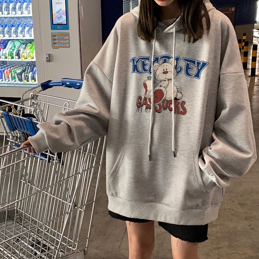 Áo sweater ZHELIHANGFEI tay dài dáng rộng họa tiết gấu in phong cách Preppy