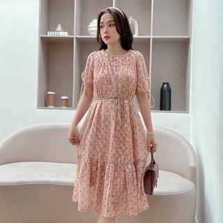 Đầm Đi Tiệc NHẬT VY Dáng Suông Phối Đuôi Cá Chấm Bi Cổ Tròn Tay Thắt Nơ Có Dây Cột Eo Màu Nude, Kem - D2354