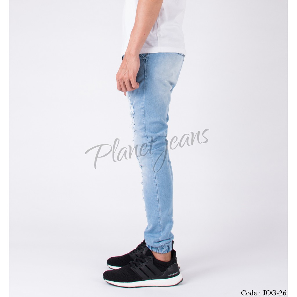 Quần Jogger Vải Jean Rách Màu Xanh Dương 26