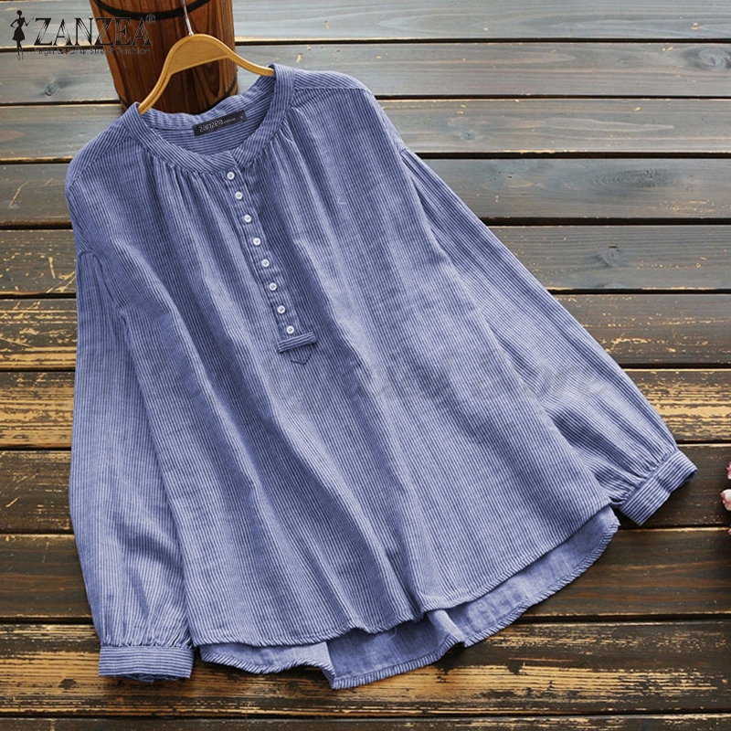 ZANZEA Áo sơ mi bằng vải lanh tay dài dáng rộng phối nút và họa tiết sọc cho phái nữ