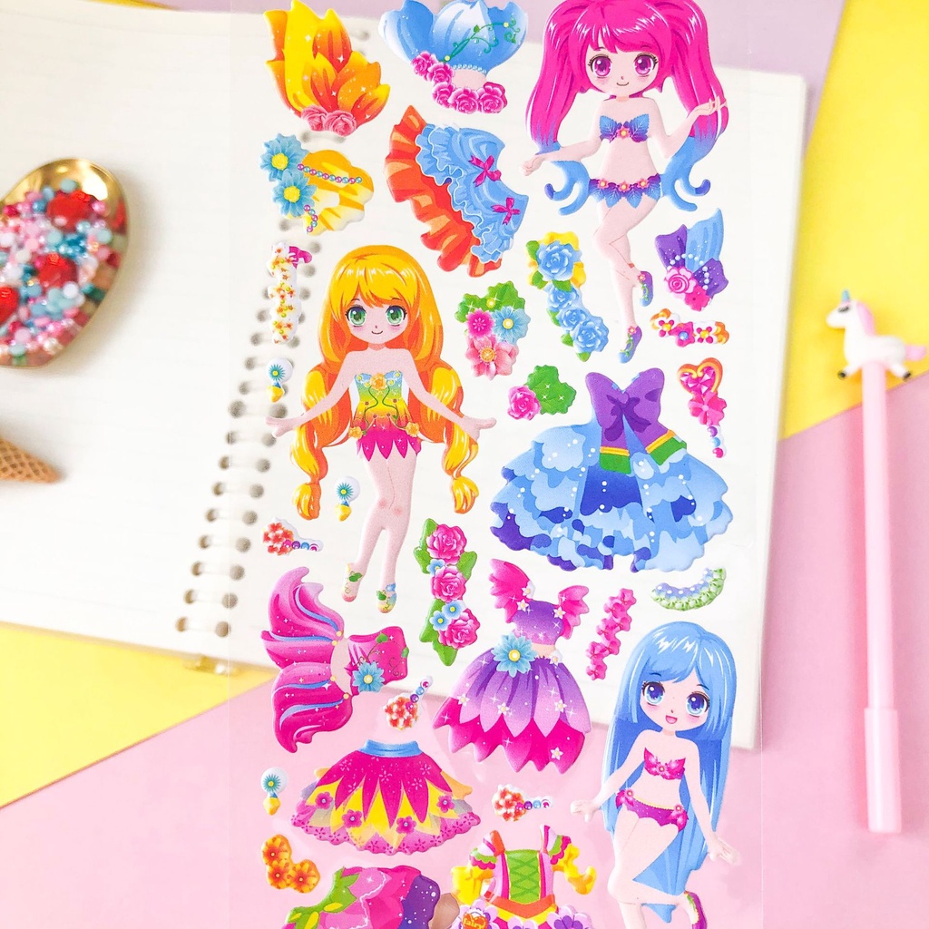 Sticker nhãn dán nổi 3D công chúa, nàng tiên cá hình ảnh đẹp sắc nét dành cho bé gái