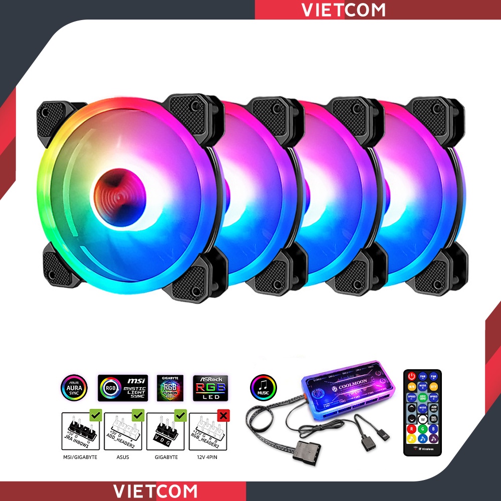 [ BỘ 4 FAN + HUB ] Fan Led RGB Coolmoon V4 + Bộ Hub Coolmoon và điều khiển