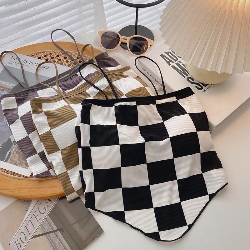 áo 2s 2 dây cotton tăm kiểu vạt yếm hoạ tiết sọc caro - ô bàn cờ hot hit (có đệm mút liền áo) 666#