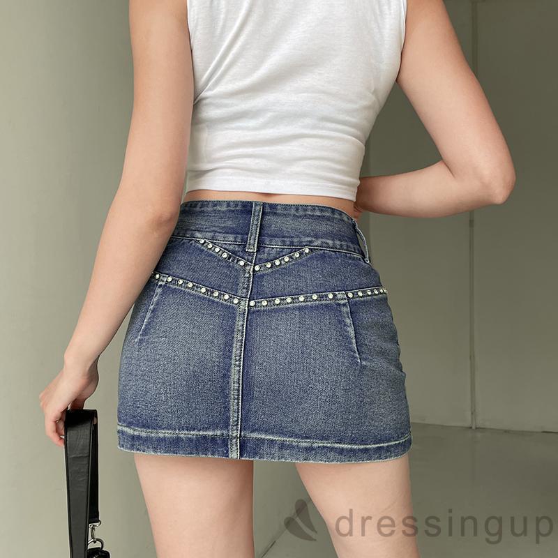 DRE-Women´s Mini Denim Skirts, Fashion Rhinestone High Waist Flap Pocket Short Jean Skirts