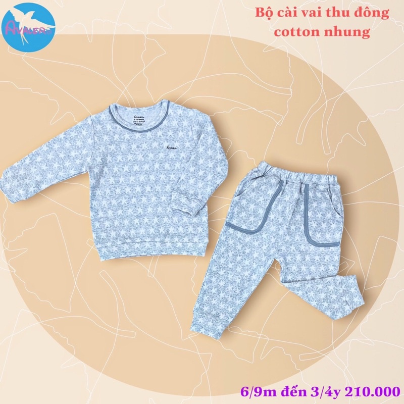 AVALER -Bộ cài vai cotton nhung cho bé trai/bé gái