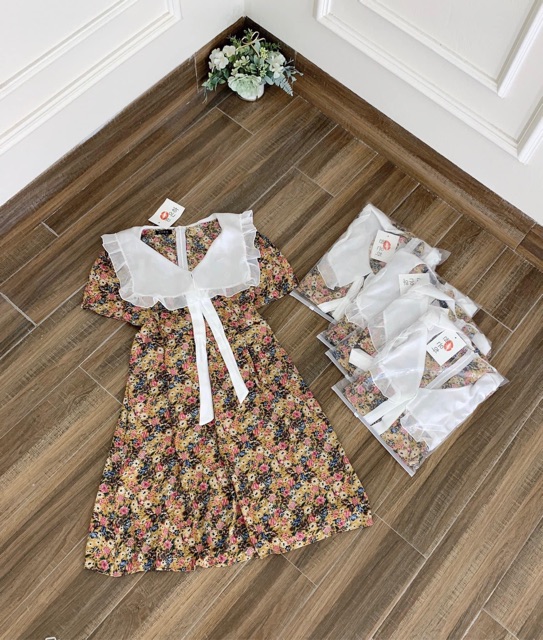 Váy Hoa Vintage Cổ Ren Nơ Trắng Cực Dễ Thương | BigBuy360 - bigbuy360.vn