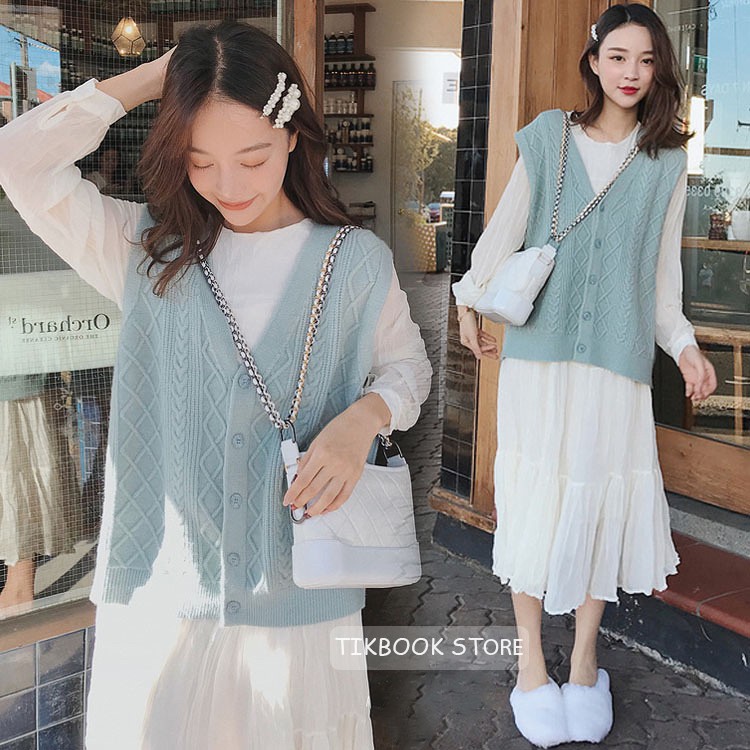 Set áo len ghi lê xanh + váy dài - [Order QC]