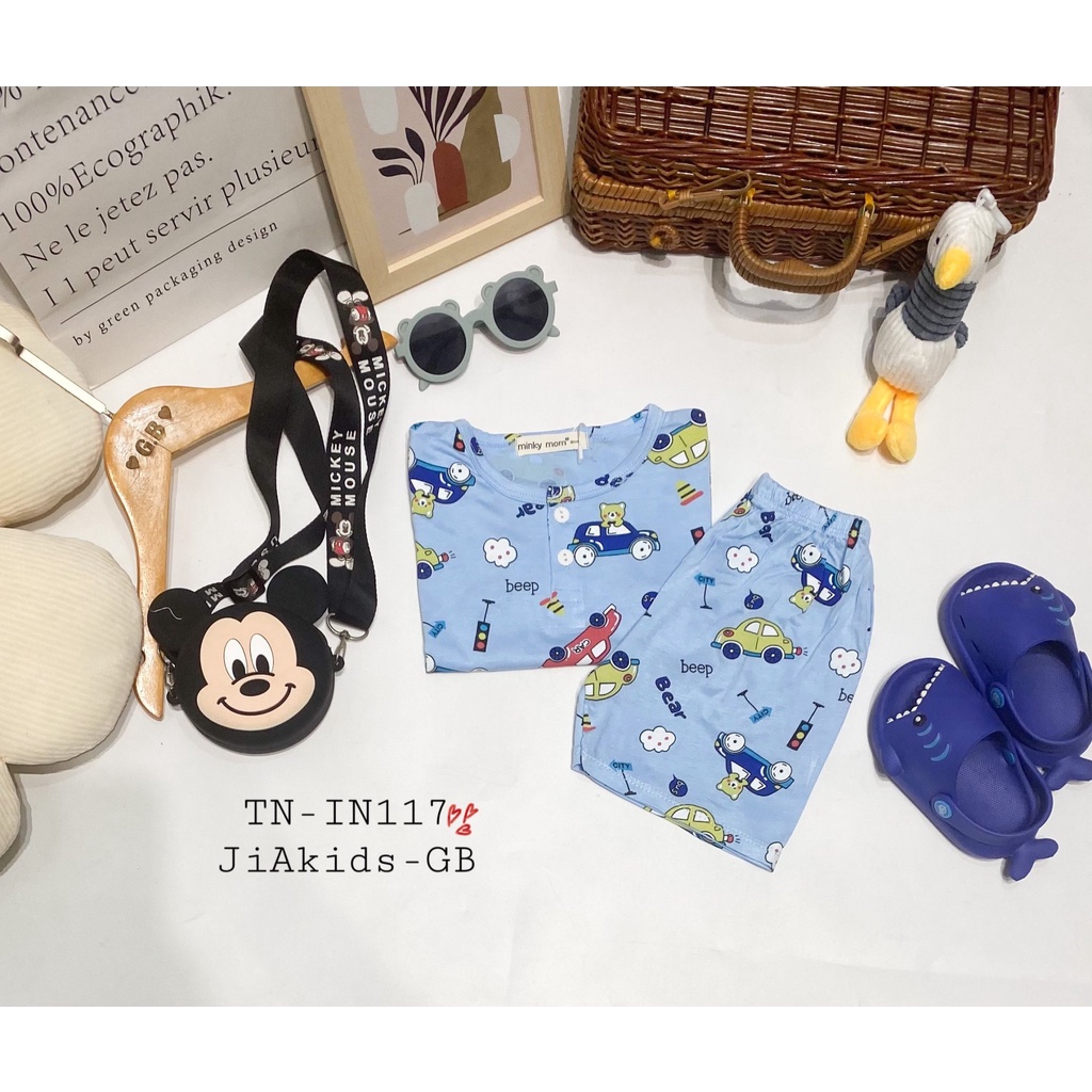 Bộ Cộc Tay THUN LẠNH MINKY MOM In Hình Toàn Thân Nút Giữa Cổ Trụ Cho Bé TN-IN117