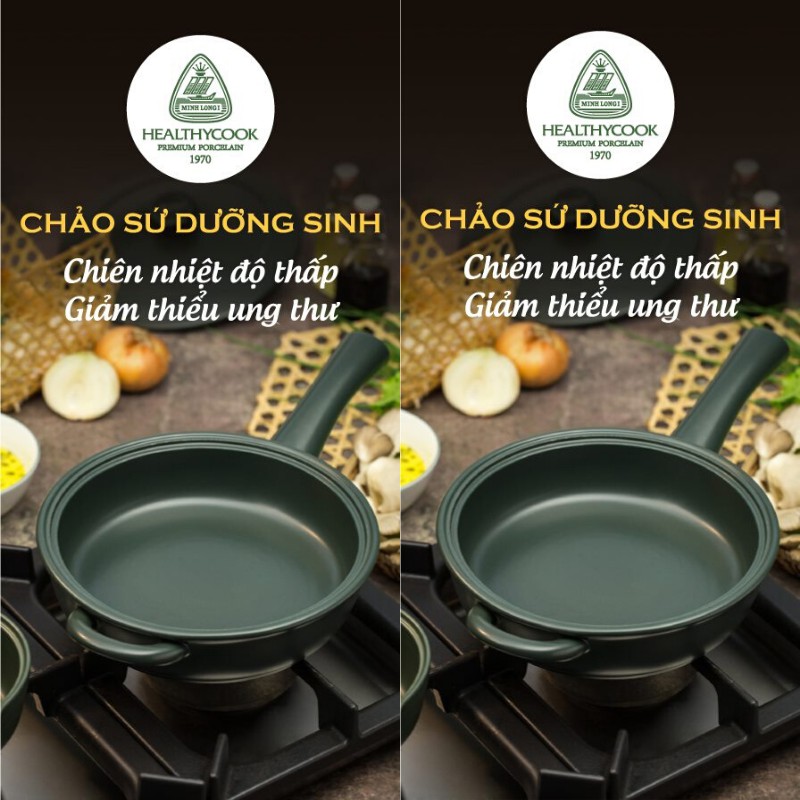 Chảo dưỡng sinh Minh Long có tay cầm 20 cm - HealthyCook - Xanh rêu