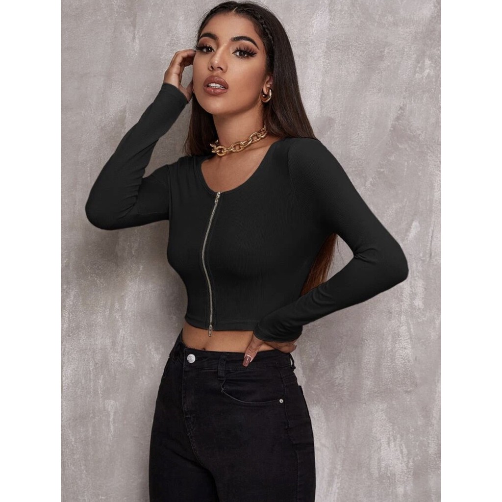 Áo Croptop Tay Dài Khóa Zip 02 Chiều Cao Cấp