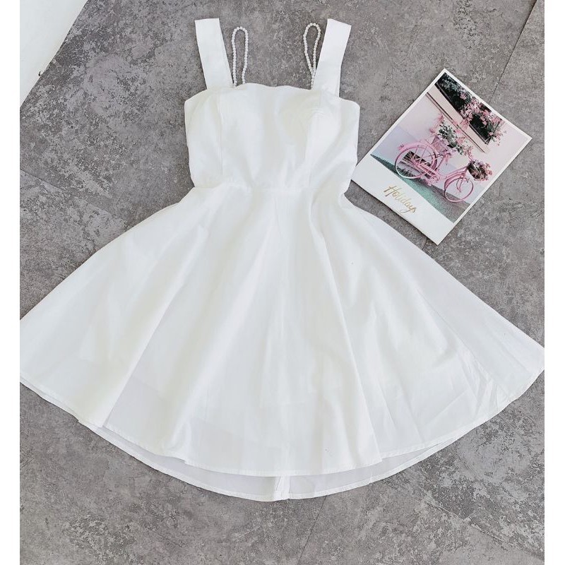 Váy Nữ, Đầm trắng hở lưng cột nơ dây chuỗi nhẹ nhàng xinh xắn B005