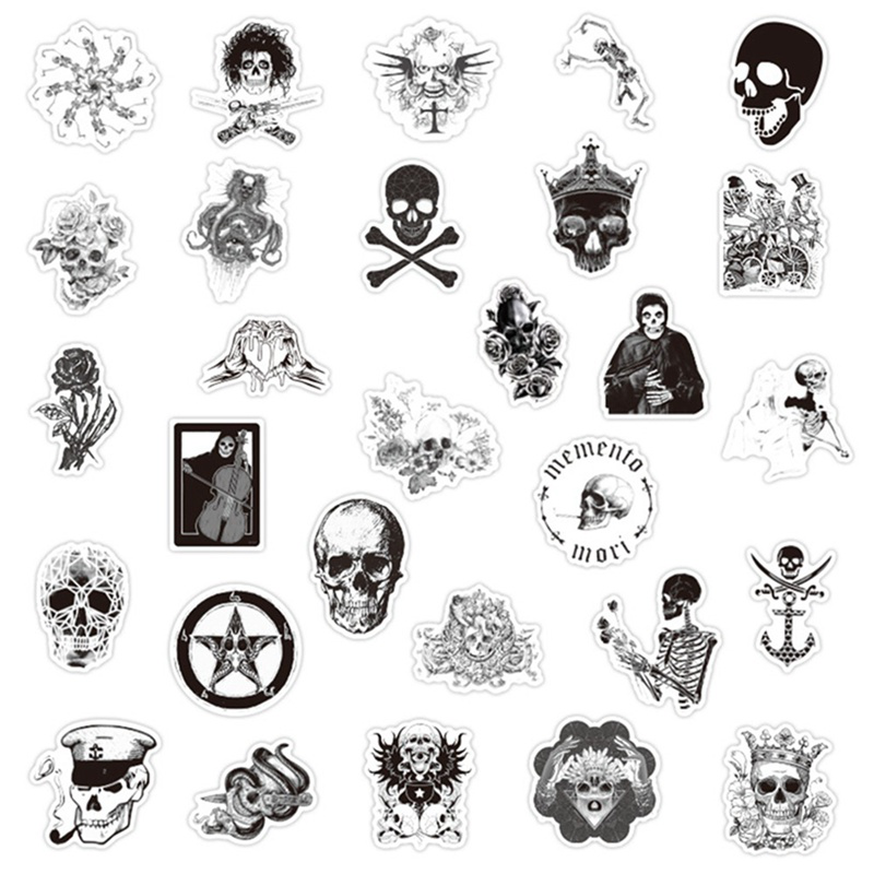 Bộ 50 miếng dán hình đầu lâu trắng đen trang trí ván trượt / sổ tay