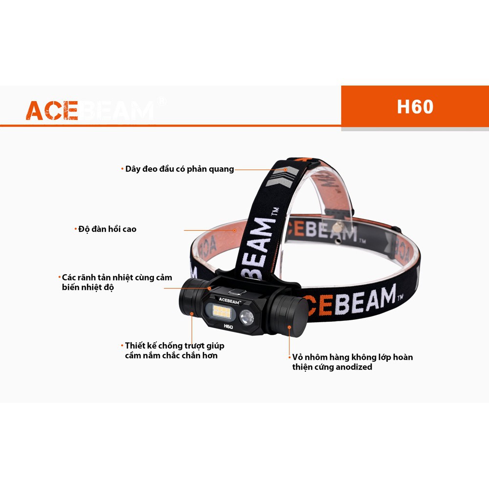 Đèn đeo đầu ACEBEAM H60-Độ sáng 1250lm chiếu xa 150m độ hoàn màu CRI 96 sử dụng pin 18650 (kèm theo) Đèn &amp; Đèn pin