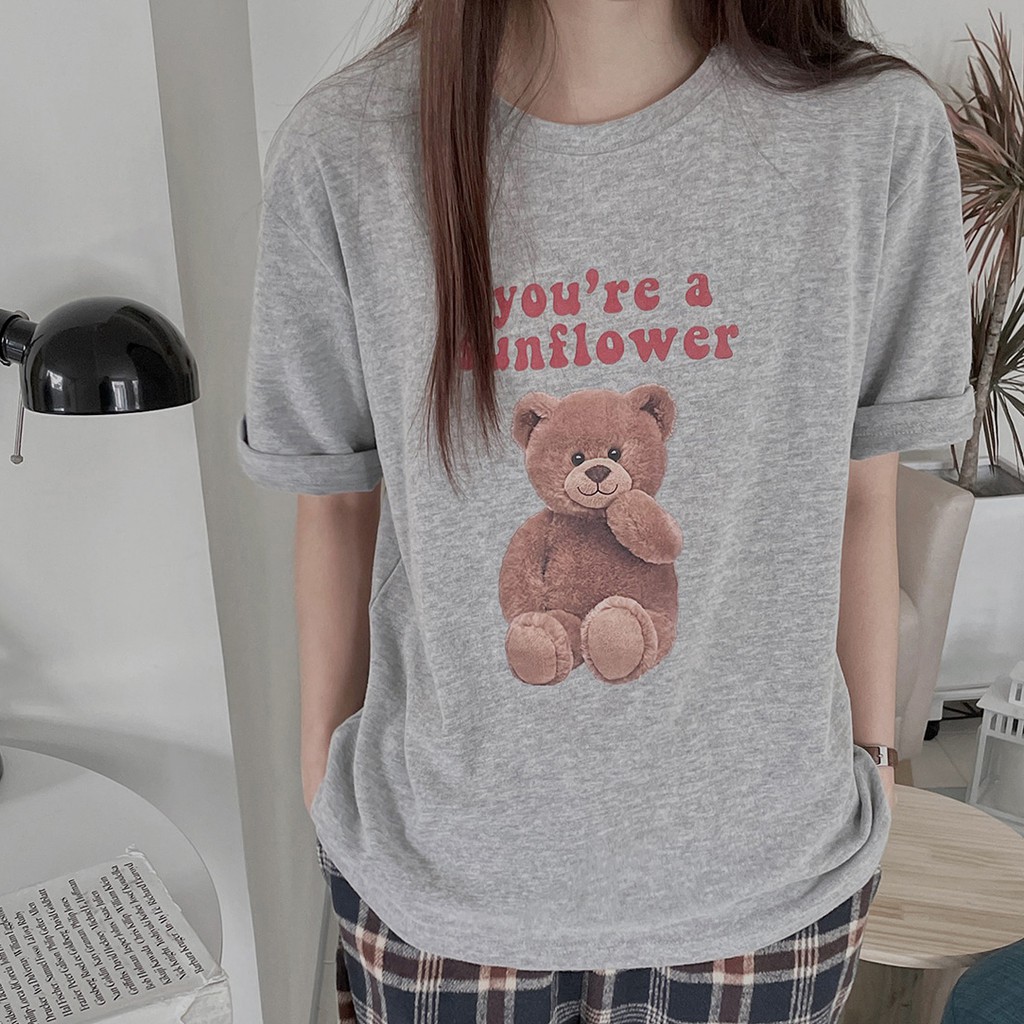 Áo thun Peppermint 41128 tay ngắn in hình gấu dễ thương phong cách Hàn Quốc thời trang