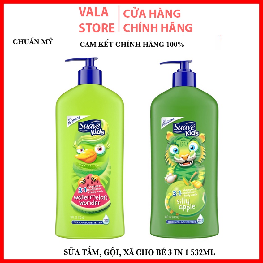 Sữa tắm Gội Xả Suave Kids 3 in 1 hương Dưa Hấu Đỏ và táo  cho bé 532ml